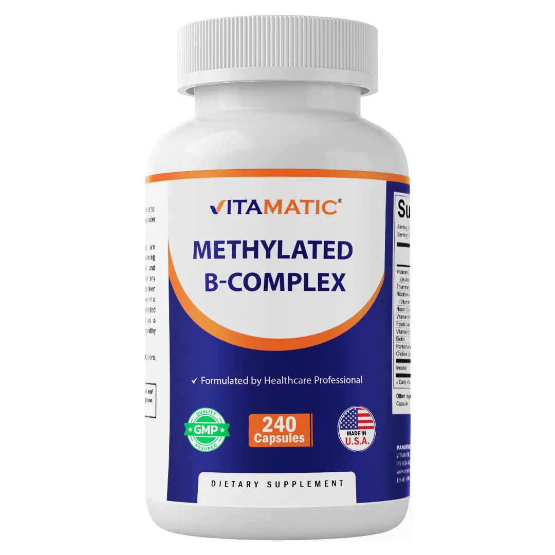 Vitamatic Methylated B-Complex Vitamins – 240 Capsules | Includes Methyl B12, L-5-MTHF Folate, Choline, Inositol, B1, B2, B3, B5, B6, Biotin | 10 in 1 B Complex Supplement | Made in USA