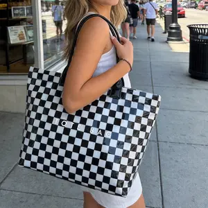 Women's Retro Checkered Letter Print Tote Bag Large Capacity Transparent Commuter Handbag Waterproof Canvas Lining Shoulder Bag for Daily Use