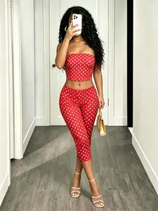 Women’s 2 Piece Polka Dot Pajama Loungewear Set, Strapless Tube Crop Top & High Waist Capri Pants, Y2K Casual Style for Spring & Fall