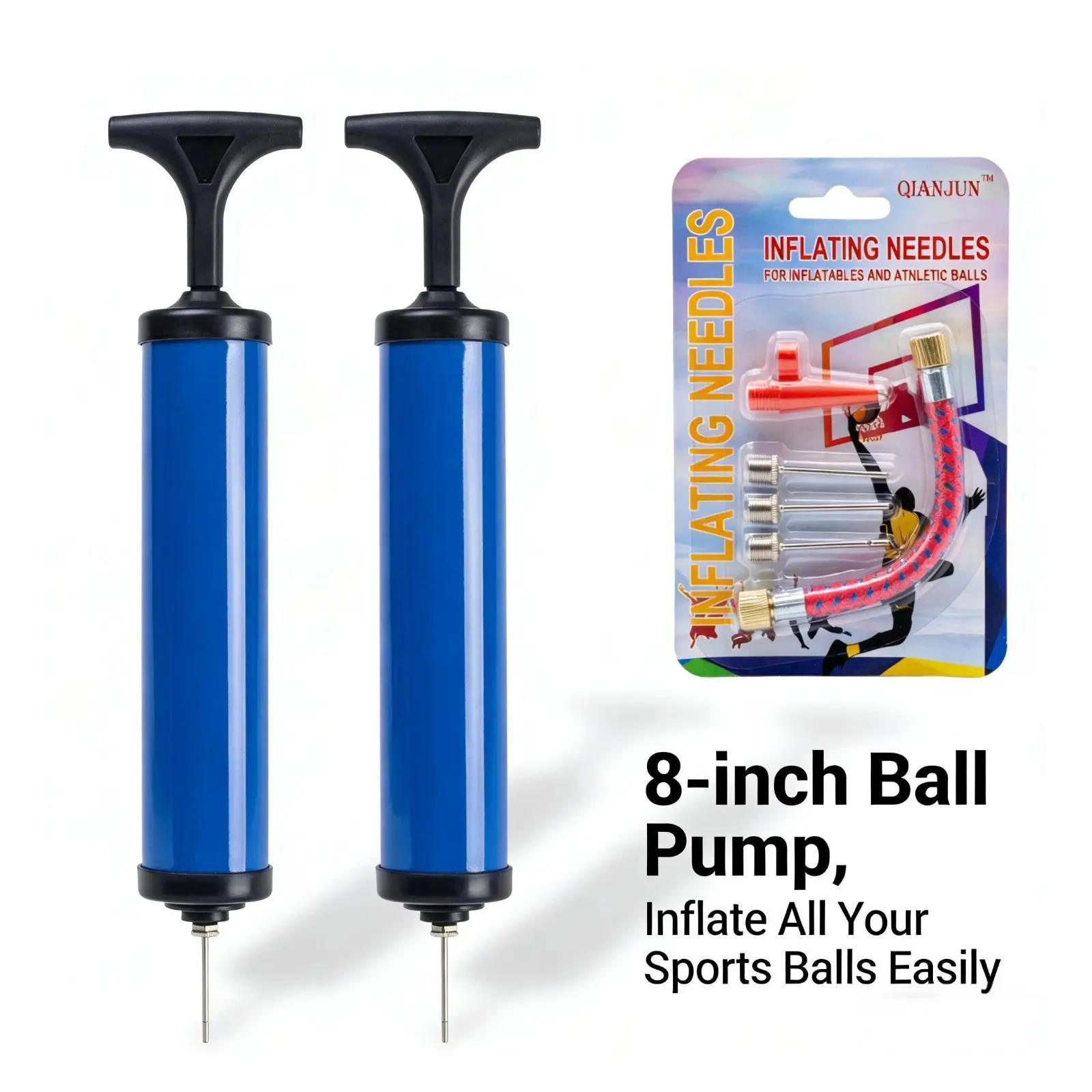 2 Pack 8 Inch Ball Pump Air Pump with 5 Needles, 1 Nozzle & Extension Hose, Portable and Durable for Basketball, Football, Volleyball, Soccer