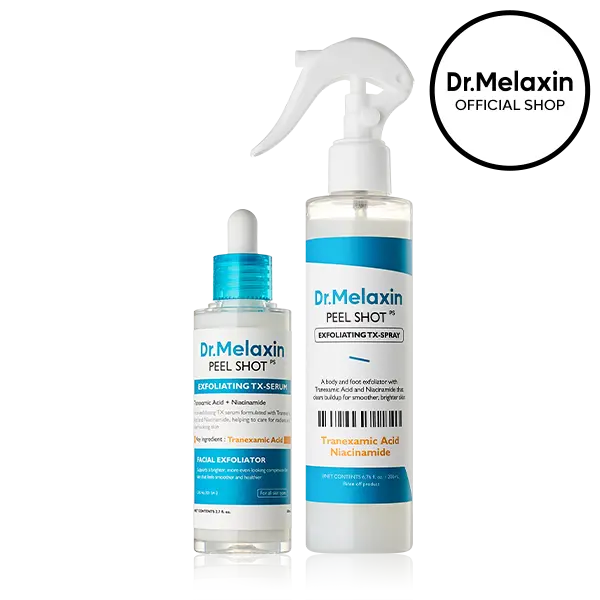 [Dr.Melaxin Official] Peel Shot TX Face & Body Exfoliating Duo, 2-Piece | TX Serum + TX Body Spray | Tranexamic Acid & Niacinamide Gentle Peeling for Dark Spots & Smooth Skin | Korean Skincare