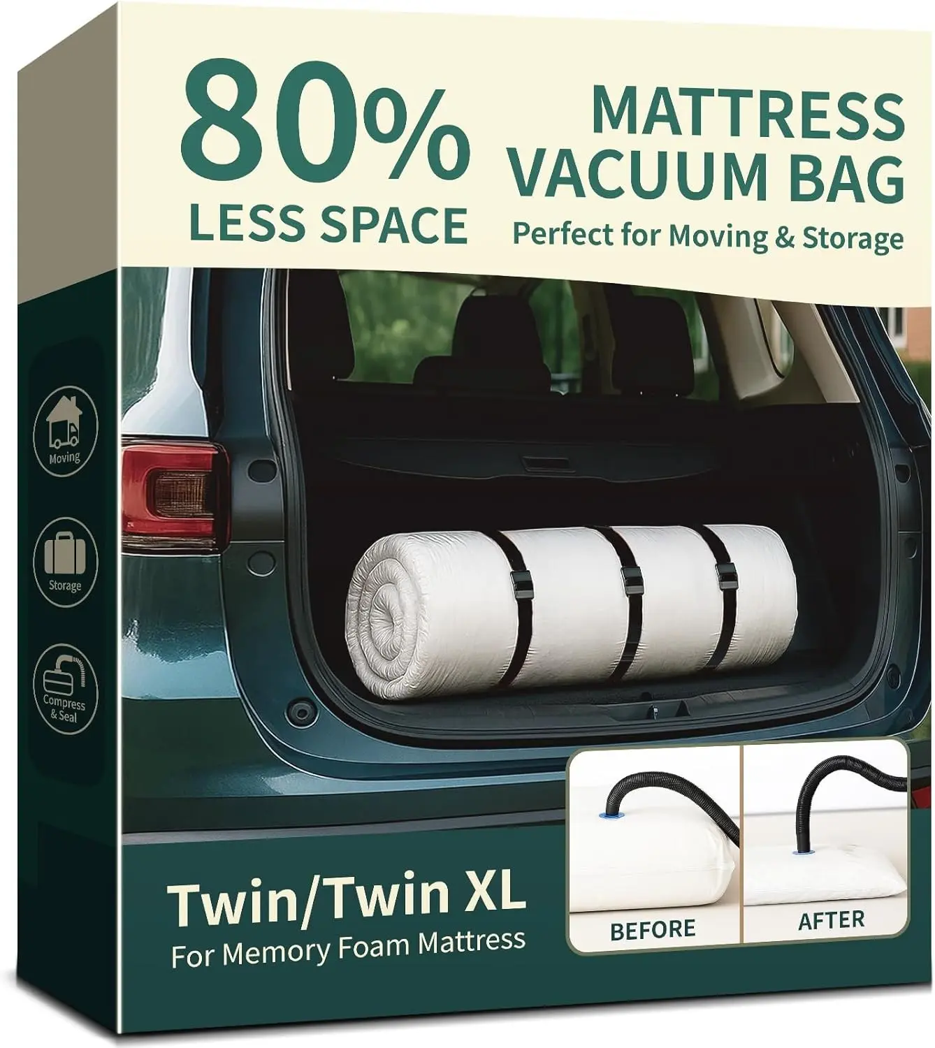 Memory Foam Mattress Vacuum Bag for Moving and Storage – Heavy Duty Compression Bag with Straps, Vacuum Bag for Memory Foam Mattress (Twin/Twin-XL, 3 Straps)