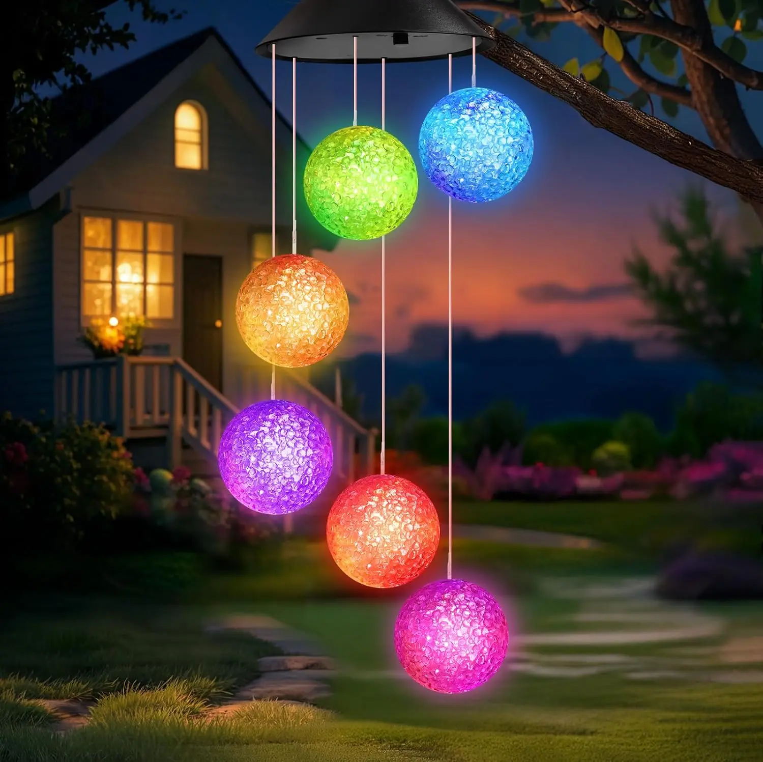 Decorative Solar Wind Chime for Outside, Waterproof Hanging Lights with Color-Changing LED Hummingbird, Butterfly & Crystal Ball, Garden Gifts for Mom & Grandma, Solar Wind Chimes For Outside, Decorative Wind Chime