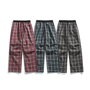 Elastic Waist Drawstring Plaid Trousers Couple Style Four Seasons Fashion Straight Wide Legs Retro Casual Pants for Men & Women