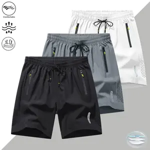 Men’s solid-color shorts with a drawstring waist, athletic print design, zippered pockets, quick-drying and breathable fabric, suitable for sports and casual wear