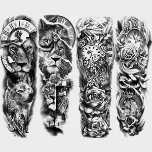 4 Large Full Arm Temporary Tattoo Stickers, Lion Rose Clock Dove Gothic Art, Waterproof Long-Lasting Fake Tattoos for Men Women, Gothic Skull Tattoo