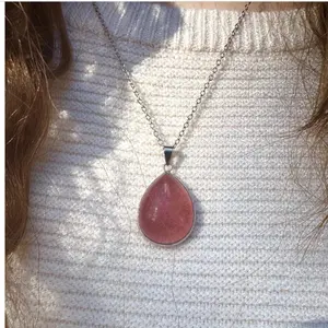 Dark Pink Natural Strawberry Quartz Teardrop Pendant with 20” Siver Necklace Chain * Free Gift Wrap * Statement Piece Pink Crystal Stone
