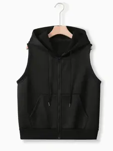 Full Zipper Hooded Sweatshirt, Sleeveless Vest Jacket, Casual Versatile Design, Kangaroo Pocket, Trendy Outerwear for Men