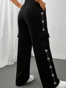 Y2K Sweet Cool Bow Tie Cargo Wide Leg Pants, Youthful Slimming Long Pants, High Waist Loose Fit, Bow Decor, Women /