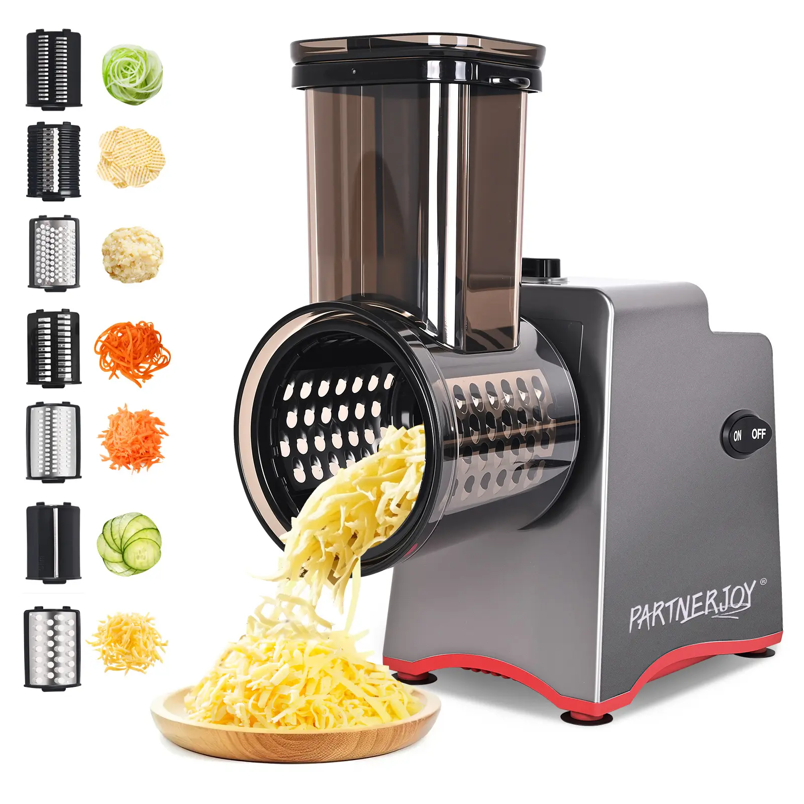 Electric Cheese Grater & Vegetable Slicer, 7-in-1 250W Professional Food Shredder with Widened Feeding Port and Safe Push Rod for Block Cheese & Fruits, Dishwasher Safe, BPA-Free