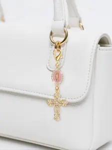 Christian Charm Keychain with Religious Cross, Diamond Pendant, Pearl and Diamond, Elegant Fashion Accessory, Women's Day Gift, Valentine's Day Gift, Keychain For Bags, Bag Accessories Charms