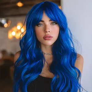 SMILCO/ 26-inch Royal Blue Long Wavy with Bangs Synthetic Wig/SM428