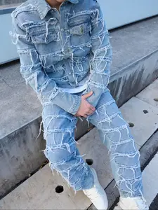 Men's Solid Color Ripped Jacket, Casual Fashion Button Front Jacket for Daily Wear, Men's Clothing for All Seasons, Casual Fitted Jackets, Vintage Denim Jacket