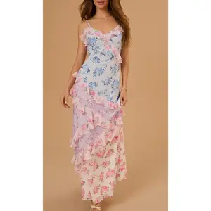 Women’s Floral Patchwork Camisole Maxi Dress with Ruffled V-Neck, Sleeveless, Open Back — Polyester, suitable for parties, clubs, and formal occasions