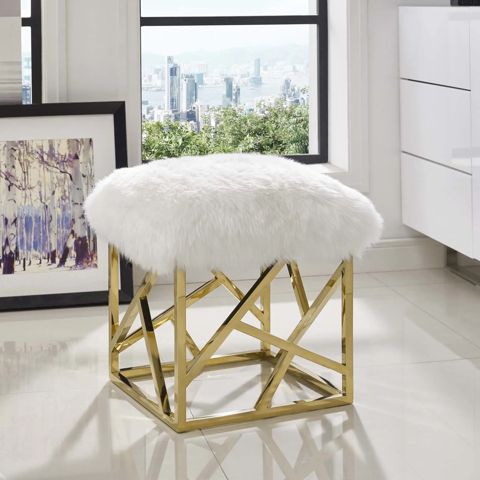 Modway Intersperse Sheepskin Ottoman in Gold White