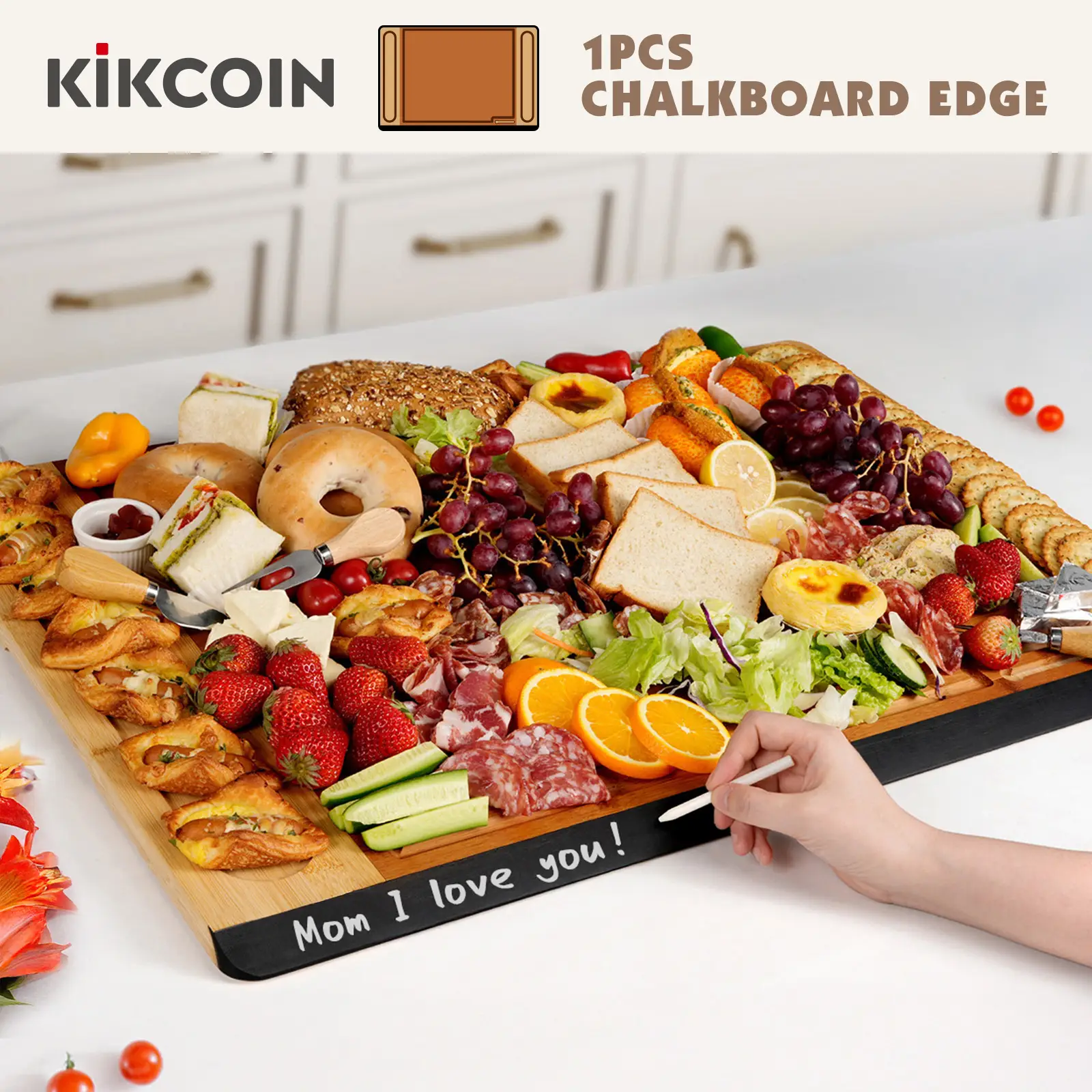 [Game-changer]4-in-1 NoteBoard 2-Tone Kikcoin Charcuterie Cheese Snack Boards,Stove Cover,Kitchen Extra Large Bamboo Cutting Boards,Meat Fruit Salami