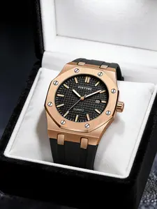 Men's trendy watch with calendar, octagonal case quartz movement, 1 simple casual men's watch Fashion Wristwatch
