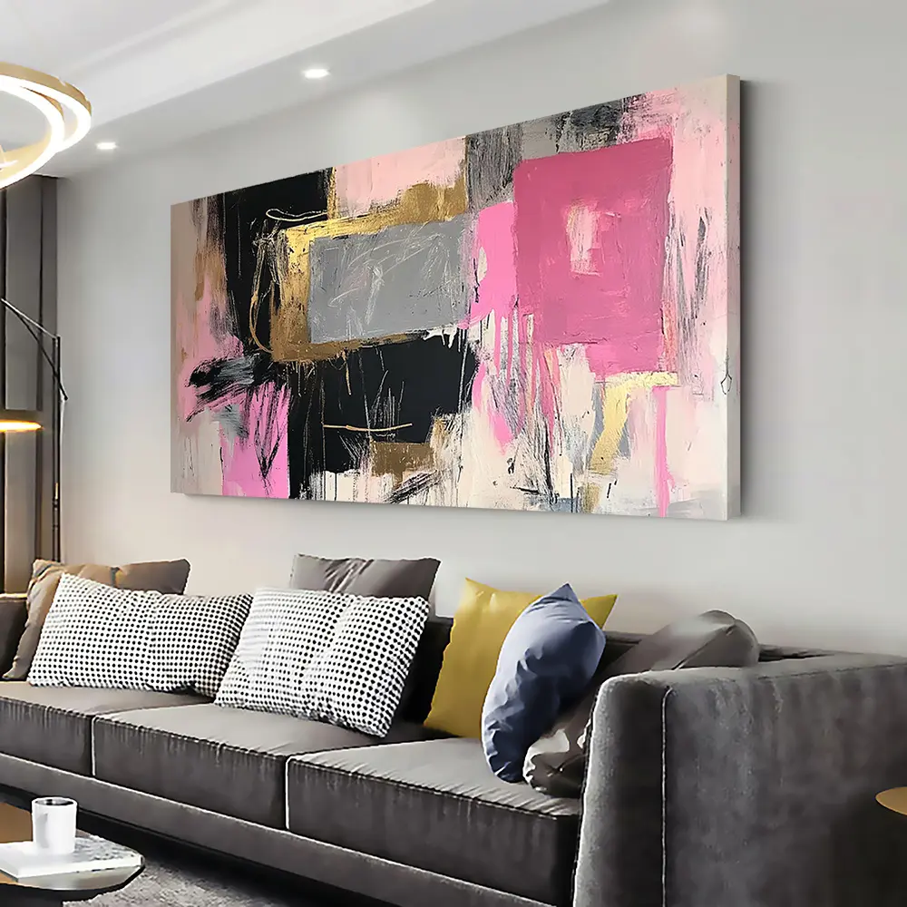 Modern Abstract Canvas Wall Art - Pink and Black Geometric Design, Framed Print for Living Room, Bedroom or Office Decor, High Quality Wooden Frame, Vibrant Ink on Canvas, Indoor Wall Hanging, Living Room Decor |   Modern Canvas Print |   Textured Paintin