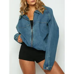 Fessceruna  Womens Oversized Denim Jackets Casual Zip up Spring Long Sleeve Jean Jacket with Pocket