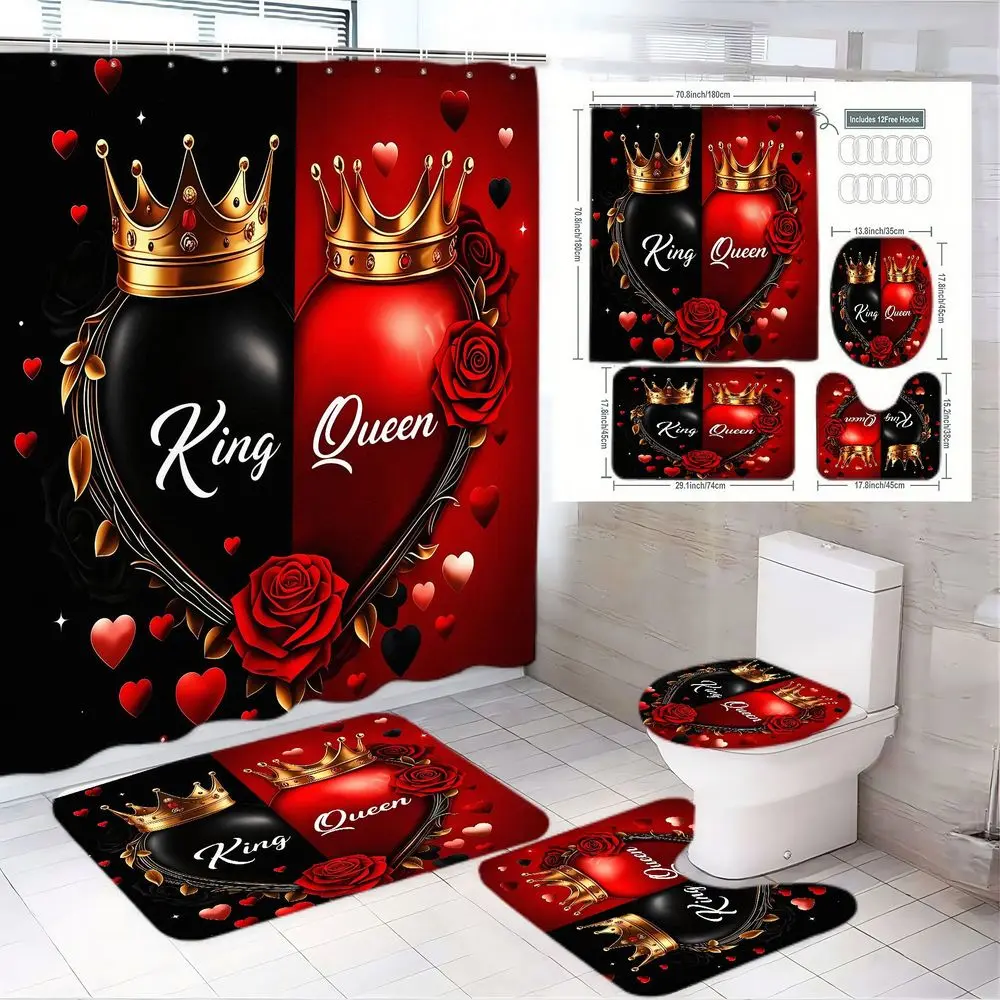 1/4pcs Royal King Queen Bathroom Set - Red Black Shower Curtain with Crown Heart, Matching Toilet Seat Cover & 2 Floor Mats, Gold Rose Star Accents, Perfect for Anniversary, Wedding, Valentine's Day, Royal Themed Home Decor