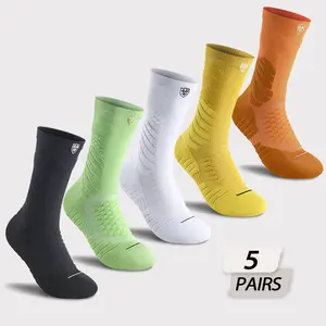 5 Pairs Men's Multifunctional Athletic Socks High Cut Sports Socks Breathable Mesh Sweat-Wicking Shock-Absorbing Durable Terry Sole Solid Color Basketball Socks for Running Soccer Hiking Cotton-Polyester Blend