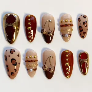 roberthub.nail Bronze Pearl Press-On Nails, Glossy Nude Tortoise Shell Design, Gold Metallic Floral Detail, Handmade Luxury Vintage Square Statement Nail Set