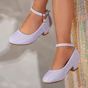 New Fashionable High Heels for Girls, Little Girls' Dance Performance Shoes, Children's Wave Pattern with Single Strap and Thick Heel