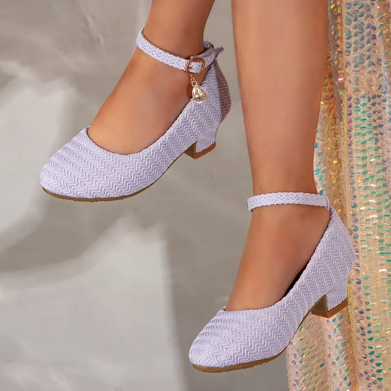 New Fashionable High Heels for Girls, Little Girls' Dance Performance Shoes, Children's Wave Pattern with Single Strap and Thick Heel