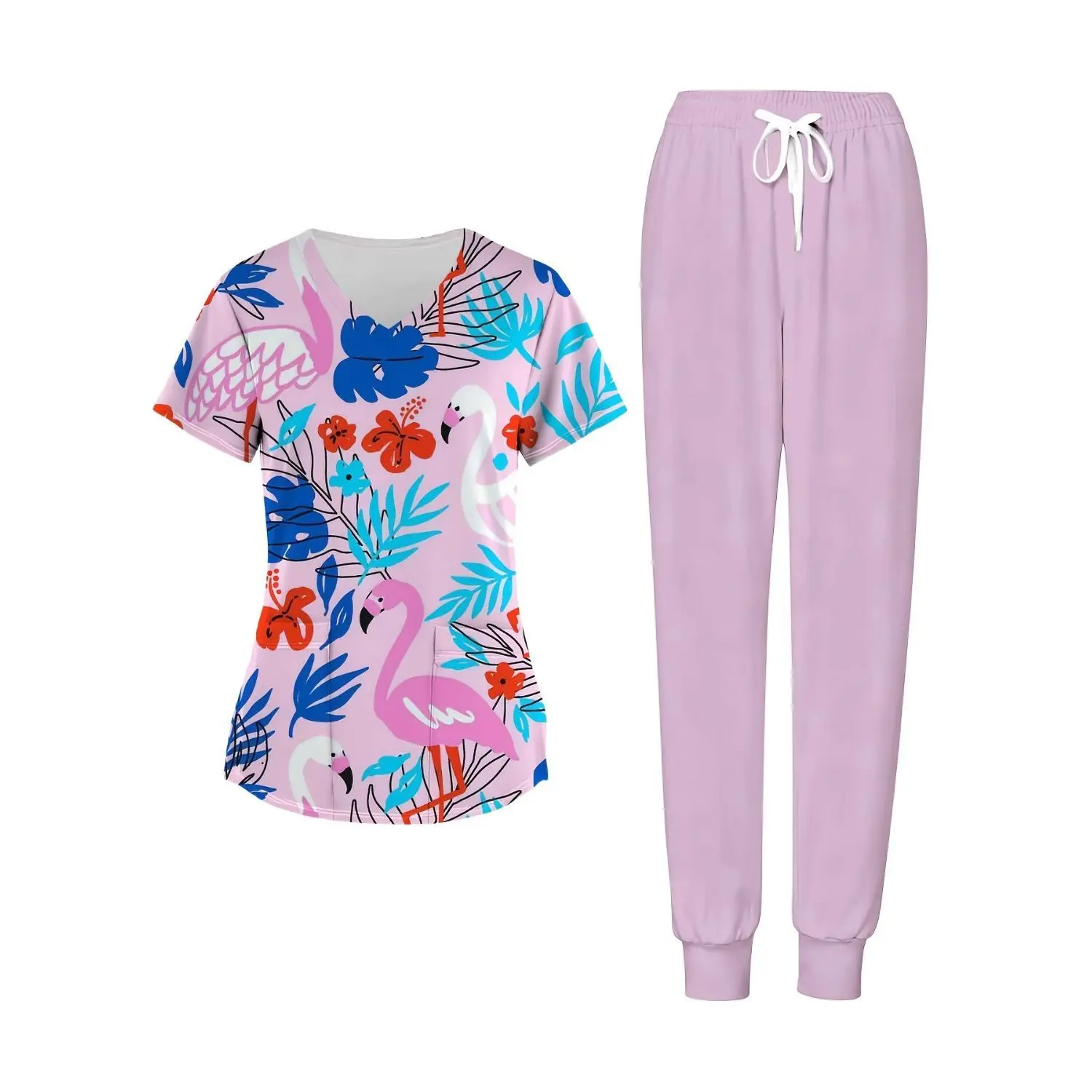 Elegant Women's Flamingo & Tropical Floral Two-Piece Set | V-Neck Short Sleeve Top with Pockets for Work, Leisure, Summer & Holiday