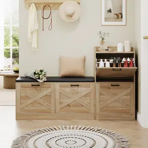 Farmhouse Shoe Cabinet with Bench & 4 Flip Drawers, Entryway Storage with Cushion, for Foyer Hallway Living Room, Natural