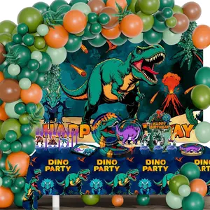 150 count Dinosaur Birthday Decorations Dinosaur Themed Party Decorations Set Includes Banner Backdrop Tablecloth Balloons Plates Forks Cake Toppers Cupcake Toppers