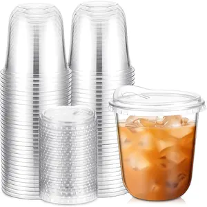 50 count Round Bottom Plastic Cups with Sip  Clear Disposable Iced Coffee Cups for Smoothie Cold Beverage Coffee Shops and Party Catering (12 oz,Clear)