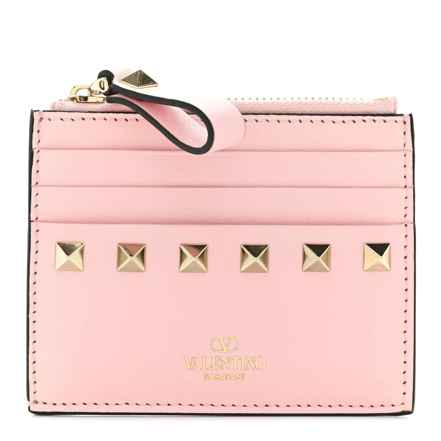 Pre-owned Vitello (Calfskin) Leather Small Leather Goods VALENTINO GARAVANI Garavani Vitello Rockstud Card Holder With Zipper Light Pink