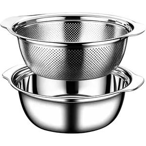 1.5 QT 18/8 Stainless Steel Colander 2PC Set, Kitchen Strainer with Mixing Bowl and Handle for Washing Vegetables Fruit Rice Pasta
