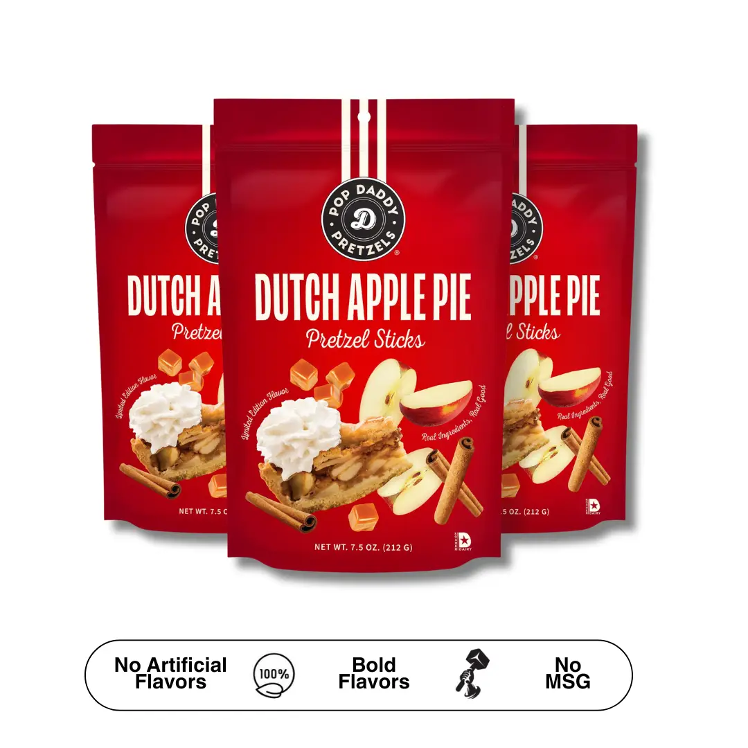 Pop Daddy Flavored Pretzels Sticks | Healthy Gourmet Pretzels Snacks | 7.5oz Individual Bags | 3 Pack | Dutch Apple Pie | Kosher Certified