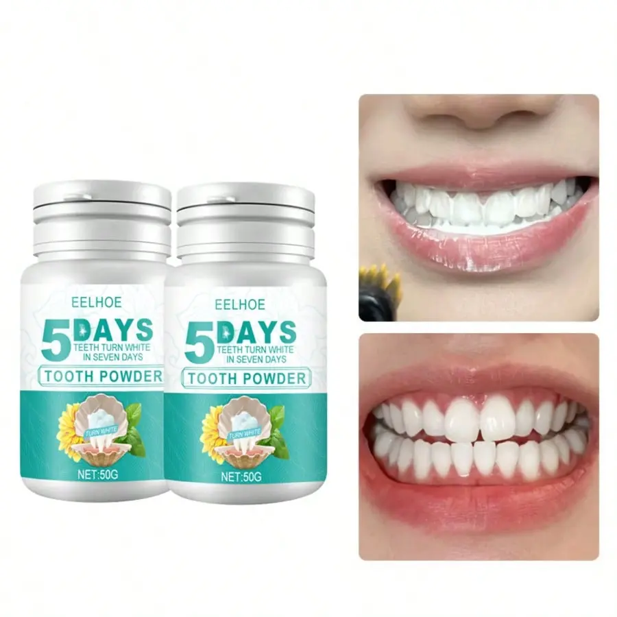 EELHOE 5-Day Pearl Tooth Whitening Powder, 50g Plastic Brush-Infused Formula for Daily Stain Removal, Brightening & Tooth Gap Care (Compatible with Toothbrushes), Oral