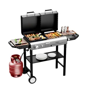 ROVSUN 2-in-1 Propane Gas Grill and Griddle Combo with Lid, Multifunctional Freestanding Barbecue Station