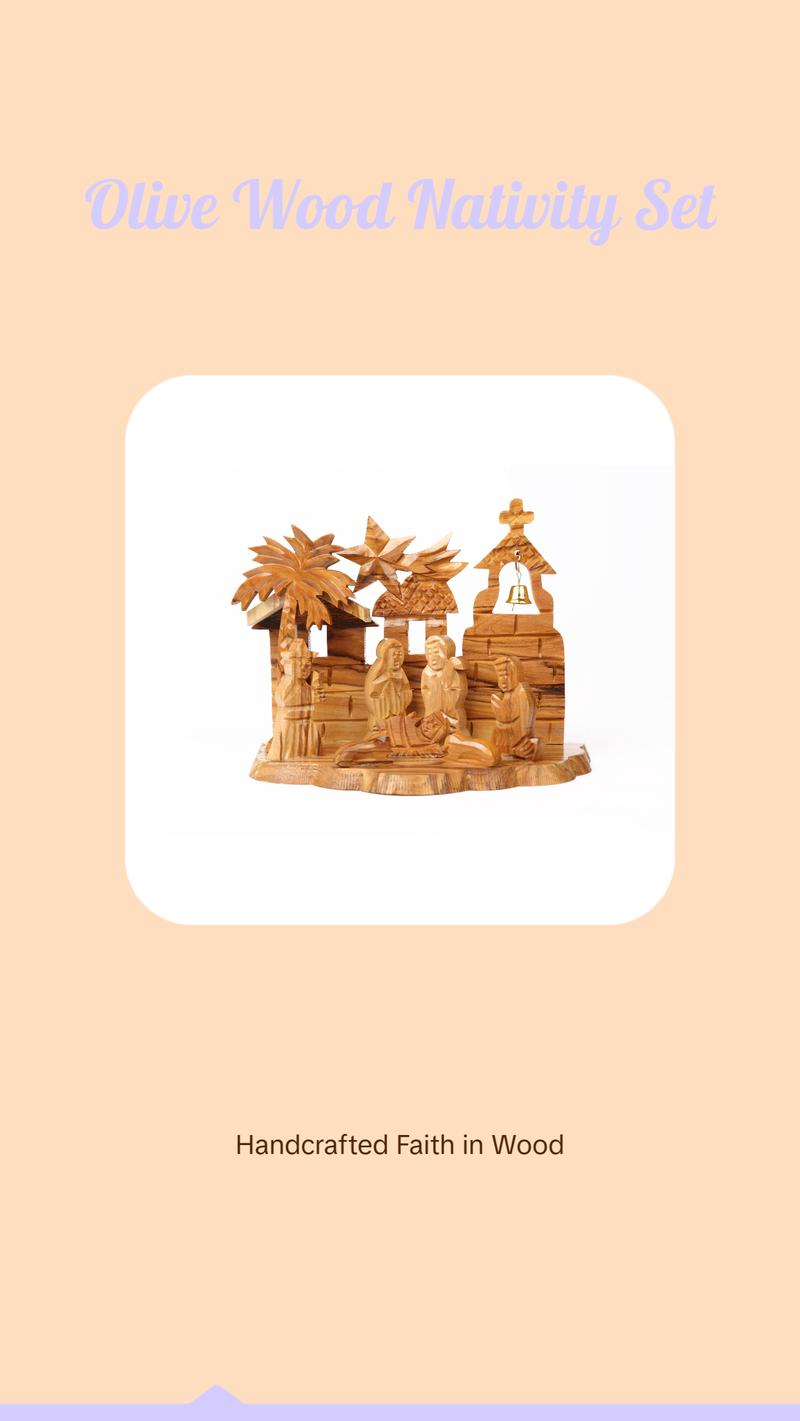 Olive Wood Nativity Scene Grotto and Church Decor Religious Handcrafted by Bethlehem Artisans 13x11CM Ornaments Wooden