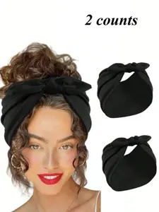 2-Pack Extra Wide Headband Set with Bow, Non-Slip Workout Headwrap for Women, Polyester Hair Turban for Gym, Sports & Daily Style