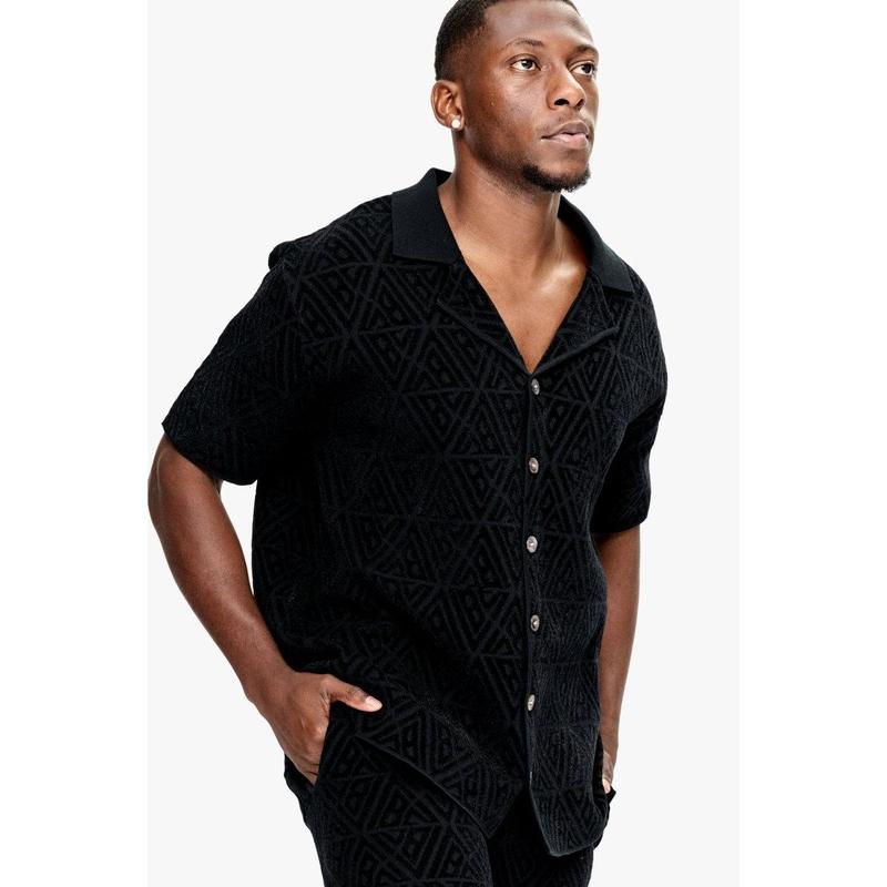 Branding Knit Button Down Black