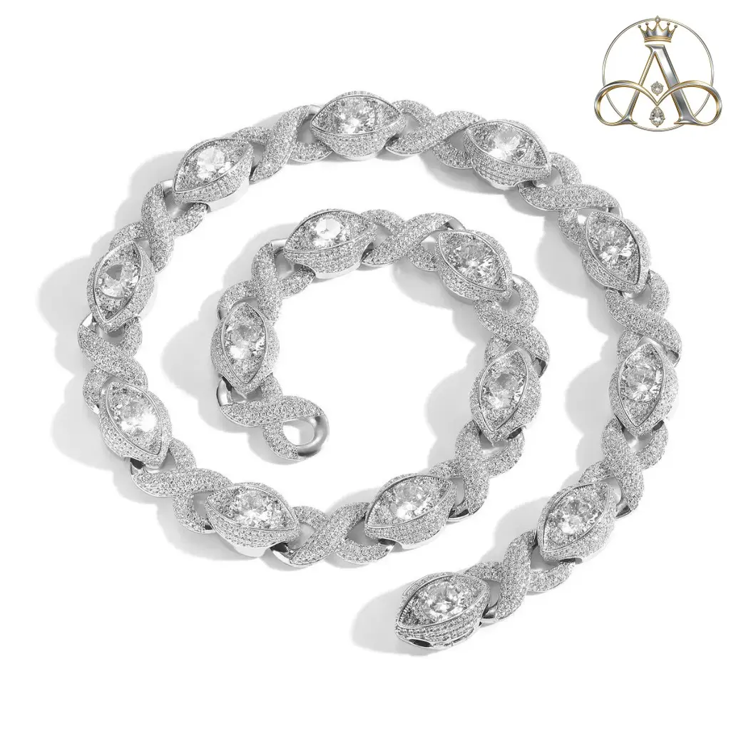 Aurelia Crest Hip Hop Jewelry 15MM Gold Filled Diamond Infinity Link Bracelet Necklace Set Iced Out  Eyes Infinity Cuban Necklace