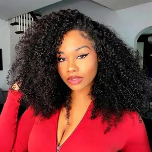 UNIKY Kinky Curly Glueless Half Wig 200% Density Half Wig Human Hair Glueless Wigs Upgrade 3 IN 1 Half Wig With Drawstring Seamless Clip Ins Flip Over Kinky Curly Human Hair No Glue No Lace For Women 22 Inch
