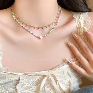Colorful Beaded Layered Choker Necklace, Y2K Candycore Aesthetic, Boho Style Beaded Necklaces, Summer Beach