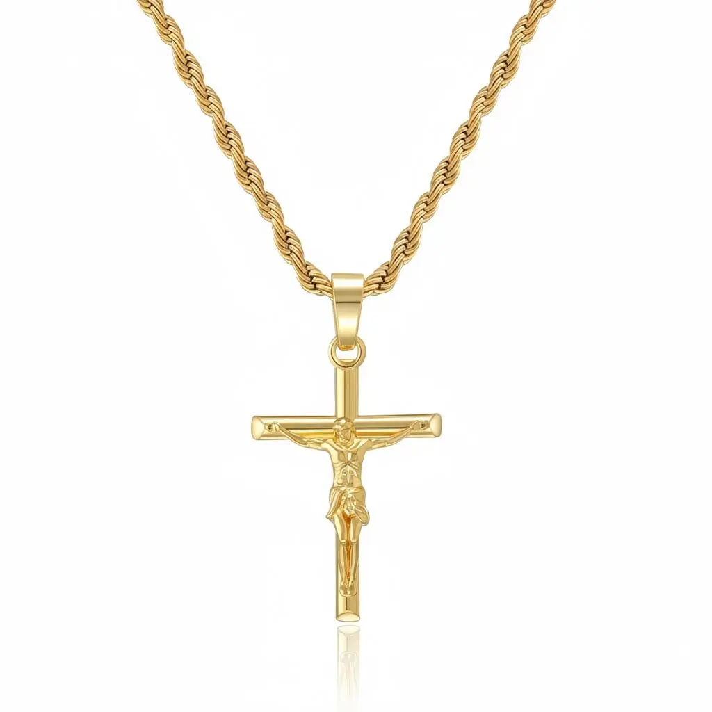 Crucifix Cross Necklace 14K Gold Plated Cross Pendant with 3mm 24" Rope Chain for Men Women Elegant Religious Jewelry