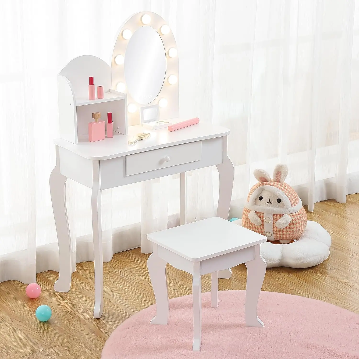 White Kids Wooden Princess Vanity Set with Matching Stool, Lights, 23.6" x 11.8" Round Mirror, Play Makeup Set, Eyeshadow Palette, Comb, 1 Drawer, 2 Open Storage Shelves, Engineered Wood Dressing Table for Kids Room Playtime