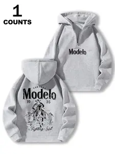 Men's Casual Pattern Loose-Fit Fleece Long Sleeve Hooded Half-Zip Sweatshirt, Stylish Fall & Winter Wearing for Comfort