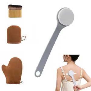 4-Piece Bathing Beauty Tool Set, Velvet Gloves Foundation Brush, Large Small Velour Application Glove, Long Handle Exfoliating Sponge Brush