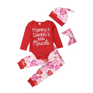 Baby Girl Valentine's Day Outfit Sets Long Sleeve Bodysuit Letter Print Romper + Letter Love Heart Print Pants + Headband + Hat First Valentine's Day Outfits for Newborn Infant Baby