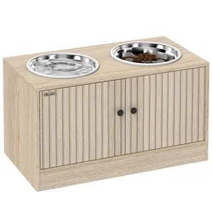 PawHut Elevated Dog Bowls with Storage Cabinet, Raised Dog Bowl Stand, Dog Feeding Station with 2 Stainless Steel Bowls, Slow Feeder, Oak