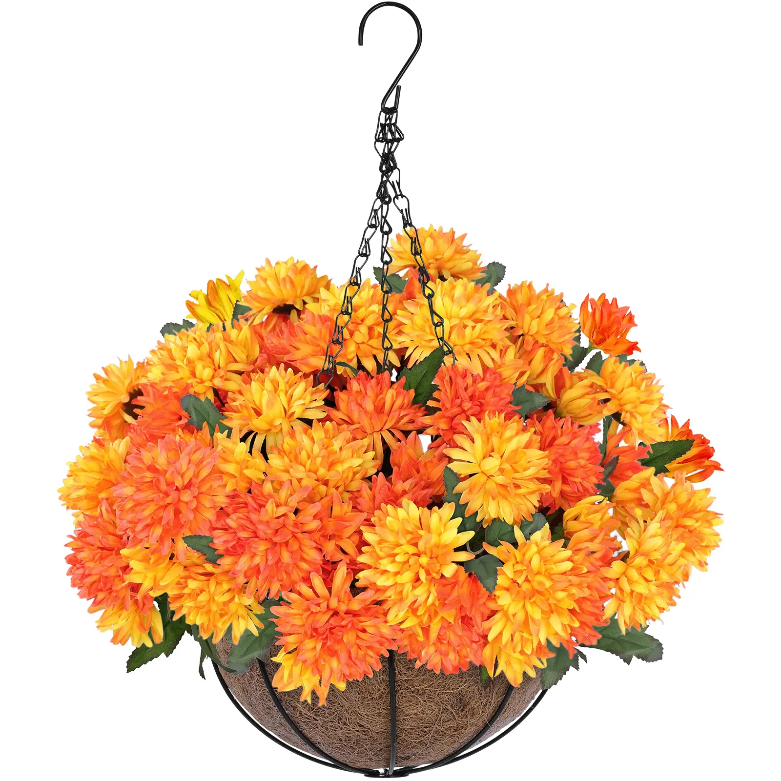 UV-Resistant Artificial Fall Mum Hanging Flower Basket - 75 Fake Silk Orange-Yellow Daisies, Real-Look Planter for Outdoor Autumn Porch, Patio Home Decor